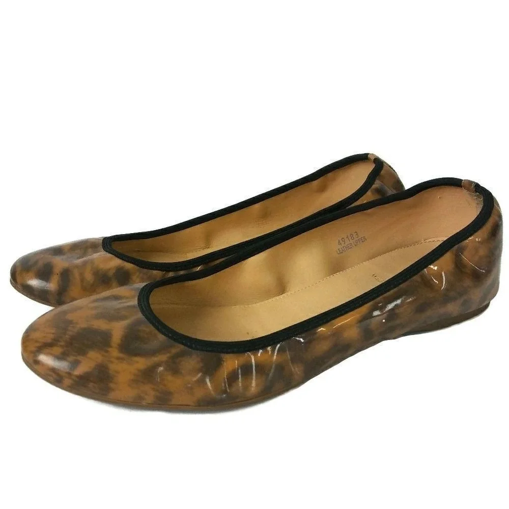 J.Crew Ballet Flats Sz 8.5 Leopard Print Patent Leather Shoes Slip‎ On Loafers